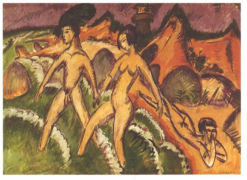 Ernst Ludwig Kirchner Female nudes striding into the sea